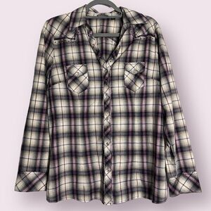 Allen B. By Allen SchwartzPurple Plaid Rhinestone Button Up Shirt